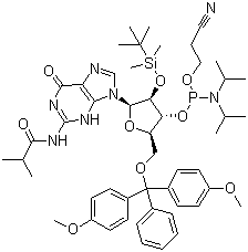structure of CAS# 147201-04-5, 5'-O-(4,4-二甲氧基三苯甲基)-2'-O-[(叔丁基)二甲基硅基]-N-异丁酰基鸟苷-3'-(2-氰基乙基-N,N-二异丙基)亚磷酰胺