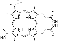 CAS # 148471-91-4, Hematoporphyrin monomethyl ether, 8-(1-Hydroxyethyl)-13-(1-methoxyethyl)-3,7,12,17-tetramethyl-21H,23H-porphine-2,18-dipropanoic acid