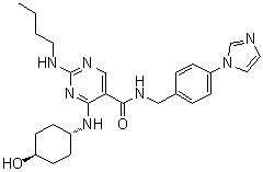 structure of CAS# 1493764-08-1, 2-(Butylamino)-4-[(trans-4-hydroxycyclohexyl)amino]-N-[[4-(1H-imidazol-1-yl)phenyl]methyl]-5-pyrimidinecarboxamide