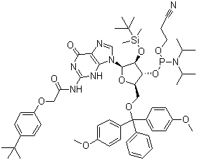 structure of CAS# 149989-68-4, 5'-O-(4,4-Dimethoxytrityl)-2'-O-[(tert-butyl)dimethylsilyl]-N-[[4-(tert-butyl)phenoxy]acetyl]guanosine-3'-(2-cyanoethyl-N,N-diisopropyl)phosphoramidite