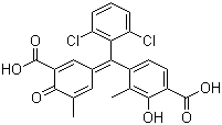 CAS 登录号：15012-28-9, 媒介蓝 1, 漂蓝 B, 4-[(3-羧基-5-甲基-4-氧代-2,5-环己二烯-1-亚基)(2,6-二氯苯基)甲基]-2-羟基-3-甲基苯甲酸