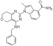 structure of CAS# 1542705-92-9, 1-[7,8-二氢-4-[(苯基甲基)氨基]-5H-吡喃并[4,3-d]嘧啶-2-基]-2-甲基-1H-吲哚-4-甲酰胺