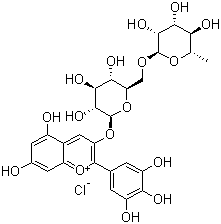 CAS # 15674-58-5, Delphinidin 3-rutinoside chloride, 3',4',5,5',7-Pentahydroxy-3-[(6-O-alpha-L-rhamnosyl-beta-D-glucosyl)oxy]flavylium chloride, 3-[[6-O-(6-Deoxy-alpha-L-mannopyranosyl)-beta-D-glucopyranosyl]oxy]-5,7-dihydroxy-2-(3,4,5-trihydroxyphenyl)-1-benzopyrylium chloride