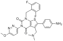 CAS # 1589503-93-4, Relugolix Impurity 8, 6-(4-aminophenyl)-1-(2,6-difluorobenzyl)-5-((dimethylamino)methyl)-3-(6-methoxypyridazin-3-yl)thieno[2,3-d]pyrimidine-2,4(1H,3H)-dione
