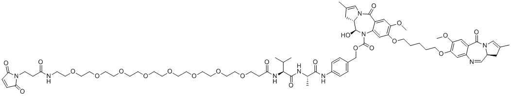 CAS # 1595275-62-9, Tesirine, [4-[[(2S)-2-[[(2S)-2-[3-[2-[2-[2-[2-[2-[2-[2-[2-[3-(2,5-dioxopyrrol-1-yl)propanoylamino]ethoxy]ethoxy]ethoxy]ethoxy]ethoxy]ethoxy]ethoxy]ethoxy]propanoylamino]-3-methylbutanoyl]amino]propanoyl]amino]phenyl]methyl (6S,6aS)-3-[5-[[(6aS)-2-methoxy-8-methyl-11-oxo-6a,7-dihydropyrrolo[2,1-c][1,4]benzodiazepin-3-yl]oxy]pentoxy]-6-hydroxy-2-methoxy-8-methyl-11-oxo-6a,7-dihydro-6H-pyrrolo[2,1-c][1,4]benzodiazepine-5-carboxylate