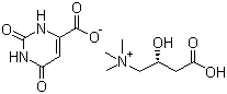 CAS # 160468-17-7, L-Carnitine orotate, (R)-(3-Carboxy-2-hydroxypropyl)-trimethyl ammonium orotate, (2R)-3-Carboxy-2-hydroxy-N,N,N-trimethyl-1-propanaminium 1,2,3,6-tetrahydro-2,6-dioxo-4-pyrimidinecarboxylic acid salt