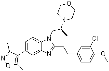 structure of CAS# 1613695-14-9, 2-[2-(3-Chloro-4-methoxyphenyl)ethyl]-5-(3,5-dimethyl-4-isoxazolyl)-1-[(2S)-2-(4-morpholinyl)propyl]-1H-benzimidazole