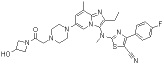 structure of CAS# 1628260-79-6, 2-[[2-Ethyl-6-[4-[2-(3-hydroxy-1-azetidinyl)-2-oxoethyl]-1-piperazinyl]-8-methylimidazo[1,2-a]pyridin-3-yl]methylamino]-4-(4-fluorophenyl)-5-thiazolecarbonitrile
