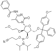 structure of CAS# 163759-94-2, N-Benzoyl-5'-O-[bis(4-methoxyphenyl)phenylmethyl]-2'-O-(2-methoxyethyl)-5-methylcytidine  3'-[2-cyanoethyl N,N-bis(1-methylethyl)phosphoramidite]