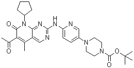 structure of CAS# 1651214-74-2, 4-[6-[(6-Acetyl-8-cyclopentyl-7,8-dihydro-5-methyl-7-oxopyrido[2,3-d]pyrimidin-2-yl)amino]-3-pyridinyl]-1-piperazinecarboxylic acid 1,1-dimethylethyl ester