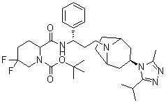 CAS 登录号：1673575-87-5, 5,5-二氟-2-[[[(1S)-3-[(3-外)-3-[3-甲基-5-(1-甲基乙基)-4H-1,2,4-三唑-4-基]-8-氮杂双环[3.2.1]辛烷-8-基]-1-苯基丙基]氨基]羰基]-1-哌啶羧酸叔丁酯