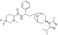 CAS 登录号：1673575-96-6, 5,5-二氟-1-甲基-N-[(1S)-3-[(3-外型)-3-[3-甲基-5-(1-甲基乙基)-4H-1,2,4-三唑-4-基]-8-氮杂双环[3.2.1]辛烷-8-基]-1-苯基丙基]-2-哌啶甲酰胺