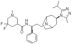 CAS # 1673575-97-7, 5,5-Difluoro-1-methyl-N-[(1S)-3-[(3-exo)-3-[3-methyl-5-(1-methylethyl)-4H-1,2,4-triazol-4-yl]-8-azabicyclo[3.2.1]oct-8-yl]-1-phenylpropyl]-3-piperidinecarboxamide