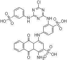 CAS # 16823-51-1, Reactive Blue 5, 1-Amino-4-[[3-[[4-chloro-6-[(3-sulfophenyl)amino]-1,3,5-triazin-2-yl]amino]-4-sulfophenyl]amino]-9,10-dihydro-9,10-dioxo-2-anthracenesulfonic acid, Reactive Blue BR, Reactive Brilliant Blue 2KT, Reactive Brilliant Blue K-GR, Reactive Brilliant Sky Blue 2KT