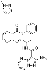 structure of CAS# 1693758-51-8, 2-Amino-N-[(1S)-1-[1,2-dihydro-8-[2-(1-methyl-1H-pyrazol-4-yl)ethynyl]-1-oxo-2-phenyl-3-isoquinolinyl]ethyl]-pyrazolo[1,5-a]pyrimidine-3-carboxamide