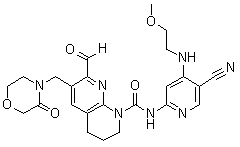 structure of CAS# 1708971-72-5, N-[5-氰基-4-[(2-甲氧基乙基)氨基]-2-吡啶基]-7-甲酰基-3,4-二氢-6-[(3-氧代-4-吗啉基)甲基]-1,8-萘啶-1(2H)-甲酰胺