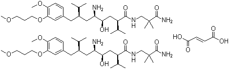 CAS 登录号：173334-58-2, 阿利克仑半富马酸盐, (2S,4S,5S,7S)-5-氨基-N-(2-氨基甲酰基-2-甲基丙基)-4-羟基-2-异丙基-7-[4-甲氧基-3-(3-甲氧基丙氧基)苄基]-8-甲基壬酰胺半富马酸盐