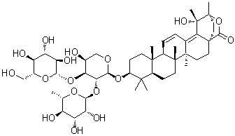 CAS # 173792-61-5, Kudinoside D, (3beta)-3-[(O-6-Deoxy-alpha-L-mannopyranosyl-(1→2)-O-[beta-D-glucopyranosyl-(1→3)]-alpha-L-arabinopyranosyl)oxy]-19,20-dihydroxy-ursa-11,13(18)-dien-28-oic acid delta-lactone