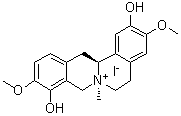 CAS # 17472-51-4, (-)-Cyclanoline iodide, (7S-cis)-5,8,13,13a-Tetrahydro-2,9-dihydroxy-3,10-dimethoxy-7-methyl-6H-dibenzo[a,g]quinolizinium iodide