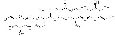 CAS # 176182-06-2, (2S,3R,4S)-3-Ethenyl-2-(beta-D-glucopyranosyloxy)-4-[2-[[3-(beta-D-glucopyranosyloxy)-2-hydroxybenzoyl]oxy]ethyl]-3,4-dihydro-2H-pyran-5-carboxylic acid methyl ester, Depressin, Depressin (iridoid)
