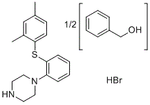 CAS # 1793058-29-3, Vortioxetine Hemi Benzyl alcohol Hydrobromide, Phenylmethanol compound with 1-(2-((2,4-dimethylphenyl)thio)phenyl)piperazine (2:1) hydrobromide