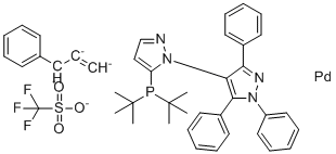 structure of CAS# 1846558-62-0, [5-[Bis(1,1-dimethylethyl)phosphino-kappap]-1',3',5'-triphenyl-1,4'-BI-1H-pyrazole][(1,2,3-eta)-1-phenyl-2-propen-1-YL]-palladium(1+), 1,1,1-trifluoromethanesulfonate (1:1)