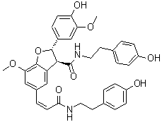 CAS # 187655-56-7, Tataramide B, (2R,3R)-rel-2,3-Dihydro-2-(4-hydroxy-3-methoxyphenyl)-N-[2-(4-hydroxyphenyl)ethyl]-5-[(1Z)-3-[[2-(4-hydroxyphenyl)ethyl]amino]-3-oxo-1-propen-1-yl]-7-methoxy-3-benzofurancarboxamide