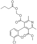 structure of CAS# 188649-48-1, 4-(2,3-Dichlorophenyl)-2,6-dimethyl-3,5-pyridinedicarboxylic acid 3-methyl 5-[(1-oxobutoxy)methyl] ester