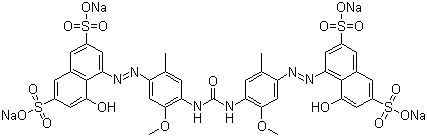 CAS # 1937-34-4, Direct Red 79, 4,4'-[Carbonylbis[imino(5-methoxy-2-methyl-4,1-phenylene)-2,1-diazenediyl]]bis[5-hydroxy-2,7-naphthalenedisulfonic acid sodium salt, Dialuminous Red 4BL, Diazol Light Red 6BL, Dicorel Red L 6A, Direct Fast Red L 6A, Direct Light Red M 6BLL, Direct Lightfast Red S