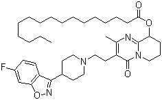 CAS # 199739-10-1, Paliperidone palmitate, 9-Hydroxyrisperidone palmitate, Hexadecanoic acid 3-[2-[4-(6-fluoro-1,2-benzisoxazol-3-yl)-1-piperidinyl]ethyl]-6,7,8,9-tetrahydro-2-methyl-4-oxo-4H-pyrido[1,2-a]pyrimidin-9-yl ester