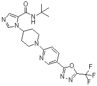 structure of CAS# 2012607-27-9, N-(1,1-Dimethylethyl)-1-[1-[5-[5-(trifluoromethyl)-1,3,4-oxadiazol-2-yl]-2-pyridinyl]-4-piperidinyl]-1H-imidazole-5-carboxamide