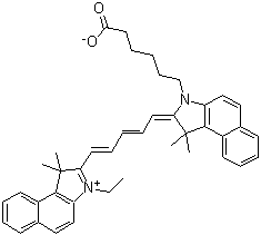 CAS 登录号：210834-22-3, 2-[5-[3-(5-羧基戊基)-1,3-二氢-1,1-二甲基-2H-苯并[e]吲哚-2-亚基]-1,3-戊二烯基]-3-乙基-1,1-二甲基-1H-苯并[e]吲哚鎓内盐