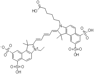 CAS # 210892-23-2, 2-[5-[3-(5-Carboxypentyl)-1,3-dihydro-1,1-dimethyl-6,8-disulfo-2H-benz[e]indol-2-ylidene]-1,3-pentadienyl]-3-ethyl-1,1-dimethyl-6,8-disulfo-1H-benz[e]indolium inner salt, Cy 5.5, Zy 5.5 carboxylic acid