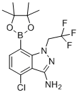 structure of CAS# 2189684-53-3, 4-Chloro-7-(4,4,5,5-tetramethyl-1,3,2-dioxaborolan-2-yl)-1-(2,2,2-trifluoroethyl)-1H-indazol-3-amine