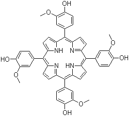 CAS # 22112-80-7, 5,10,15,20-Tetrakis(4-hydroxy-3-methoxyphenyl)porphyrin, 5,10,15,20-Tetrakis(p-hydroxy-m-methoxyphenyl)porphyrin, 4,4',4'',4'''-(21H,23H-Porphine-5,10,15,20-tetrayl)tetrakis(2-methoxyphenol)