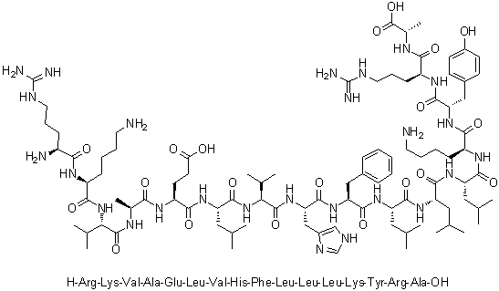 CAS # 221306-20-3, L-Arginyl-L-lysyl-L-valyl-L-alanyl-L-alpha-glutamyl-L-leucyl-L-valyl-L-histidyl-L-phenylalanyl-L-leucyl-L-leucyl-L-leucyl-L-lysyl-L-tyrosyl-L-arginyl-L-alanine