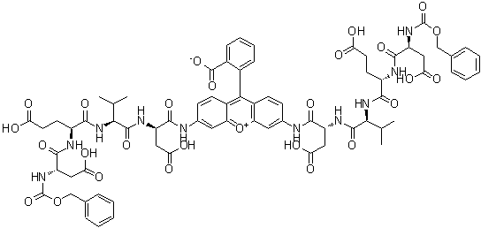 CAS # 223538-61-2, (Z-DEVD)2-Rh 110, 4,4'-[9-(2-Carboxyphenyl)xanthylium-3,6-diyl]bis[N-[(phenylmethoxy)carbonyl]-L-alpha-aspartyl-L-alpha-glutamyl-L-valyl-L-alpha-asparagine inner salt