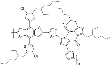 CAS # 2239295-71-5, PBDB-T-2Cl, PCE14, Poly[[4,8-bis[5-(2-ethylhexyl)-4-chloro-2-thienyl]benzo[1,2-b:4,5-b']dithiophene-2,6-diyl]-2,5-thiophenediyl[5,7-bis(2-ethylhexyl)-4,8-dioxo-4H,8H-benzo[1,2-c:4,5-c']dithiophene-1,3-diyl]-2,5-thiophenediyl]