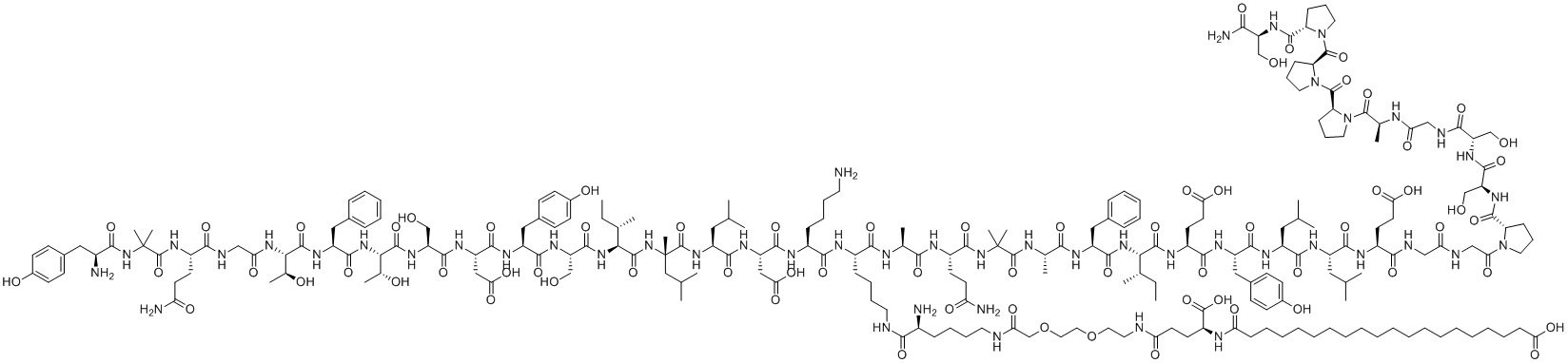 CAS # 2381089-83-2, Retatrutide, L-tyrosyl-2-methylalanyl-L-glutaminylglycyl-L-threonyl-L-phenylalanyl-L-threonyl-L-seryl-L-alpha -aspartyl-L-tyrosyl-L-seryl-L-isoleucyl-2-methyl-L-leucyl-Lleucyl-L-alpha -aspartyl-L-lysyl-N6-(N-(19-carboxy-1-oxononadecyl)-L-gamma-glutamyl-2-(2-(2-aminoethoxy)ethoxy)acetyl)-L-lysyl-L-alanyl-L-glutaminyl-2-methylalanyl-L-alanyl-Lphenylalanyl-L-isoleucyl-L-alpha -glutamyl-L-tyrosyl-L-leucyl-L-leucyl-L-alpha -glutamylglycylglycyl-L-prolyl-L-seryl-L-serylglycyl-L-alanyl-L-prolyl-L-prolyl-L-prolyl-L-serinamide