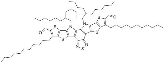 CAS # 2389125-24-8, BTP48C11-2CHO, 12,13-Bis(2-butyloctyl)-3,9-diundecyl-12,13-dihydro-[1,2,5]thiadiazolo[3,4-e]thieno[2'',3'':4',5']thieno[2',3':4,5]pyrrolo[3,2-g]thieno[2',3':4,5]thieno[3,2-b]indole-2,10-dicarbaldehyde, 3,27-bis(2-butyloctyl)-8,22-di(undecyl)-6,10,15,20,24-pentathia-3,14,16,27-tetrazaoctacyclo[16.9.0.02,12.04,11.05,9.013,17.019,26.021,25]heptacosa-1(18),2(12),4(11),5(9),7,13,16,19(26),21(25),22-decaene-7,23-dicarbaldehyde