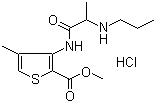 CAS # 23964-57-0, Articaine hydrochloride, Methyl 4-methyl-3-(2-propylaminopropanoylamino)thiophene-2-carboxylate hydrochloride