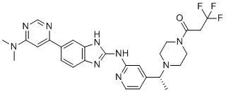 CAS # 2409479-29-2, (R)-1-(4-(1-(2-((6-(6-(Dimethylamino)pyrimidin-4-yl)-1H-benzo[d]imidazol-2-yl)amino)pyridin-4-yl)ethyl)piperazin-1-yl)-3,3,3-trifluoropropan-1-one, BAY-985