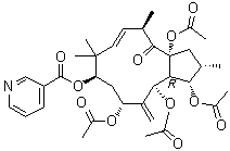 CAS # 244277-75-6, 3-Pyridinecarboxylic acid (2S,3S,3aR,4R,6R,8R,10E,12R,13aR)-3,4,6,13a-tetrakis(acetyloxy)-2,3,3a,4,5,6,7,8,9,12,13,13a-dodecahydro-2,9,9,12-tetramethyl-5-methylene-13-oxo-1H-cyclopentacyclododecen-8-yl ester