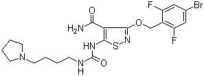 structure of CAS# 252003-65-9, 3-[(4-溴-2,6-二氟苄基)氧基]-5-[3-[4-(吡咯烷-1-基)丁基]脲基]异噻唑-4-甲酰胺