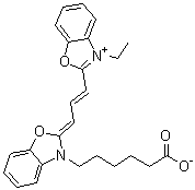 structure of CAS# 260430-02-2, 2-[3-[3-(5-Carboxypentyl)-2(3H)-benzoxazolylidene]-1-propen-1-yl]-3-ethylbenzoxazolium inner salt