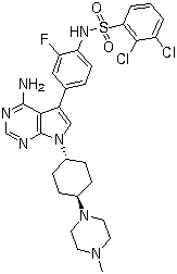 structure of CAS# 262442-90-0, 反式-N-[4-[4-氨基-7-[4-(4-甲基哌嗪基)环己基]-7H-吡咯并[2,3-d]嘧啶-5-基]-2-氟苯基]-2,3-二氯苯磺酰胺