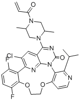 structure of CAS# 2641216-67-1, 19-Chloro-22-(2,5-dimethyl-4-prop-2-enoylpiperazin-1-yl)-13,16-difluoro-3-propan-2-yl-8,11-dioxa-1,4,23,26-tetrazapentacyclo[16.6.2.02,7.012,17.021,25]hexacosa-2(7),3,5,12,14,16,18,20,22,25-decaen-24-one;MK-1084; 22-[(2S,5R)-4-Acryloyl-2,5-dimethyl-1-piperazinyl]-19-chloro-13,16-difluoro-3-isopropyl-8,11-dioxa-1,4,23,26-tetraazapentacyclo[16.6.2.0~2,7~.0~12,17~.0~21,25~]hexacosa-2,4,6,12,14,16,18,20,22,25-deca en-24-one