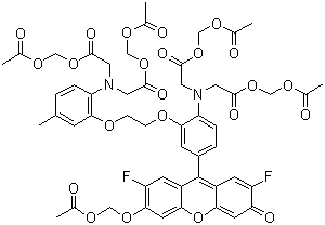 CAS # 273221-67-3, Fluo 4AM, N-[4-[6-[(Acetyloxy)methoxy]-2,7-difluoro-3-oxo-3H-xanthen-9-yl]-2-[2-[2-[bis[2-[(acetyloxy)methoxy]-2-oxoethyl]amino]-5-methylphenoxy]ethoxy]phenyl]-N-[2-[(acetyloxy)methoxy]-2-oxoethyl]glycine (acetyloxy)methyl ester