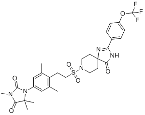 CAS # 2766697-63-4, 1-(3,5-dimethyl-4-(2-((4-oxo-2-(4-(trifluoromethoxy)phenyl)-1,3,8-triazaspiro[4.5]dec-1-en-8-yl)sulfonyl)ethyl)phenyl)-3,5,5-trimethylimidazolidine-2,4-dione