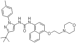 structure of CAS# 285983-48-4, 1-[2-(4-甲基苯基)-5-叔丁基吡唑-3-基]-3-[4-(2-吗啉-4-基乙氧基)萘-1-基]脲